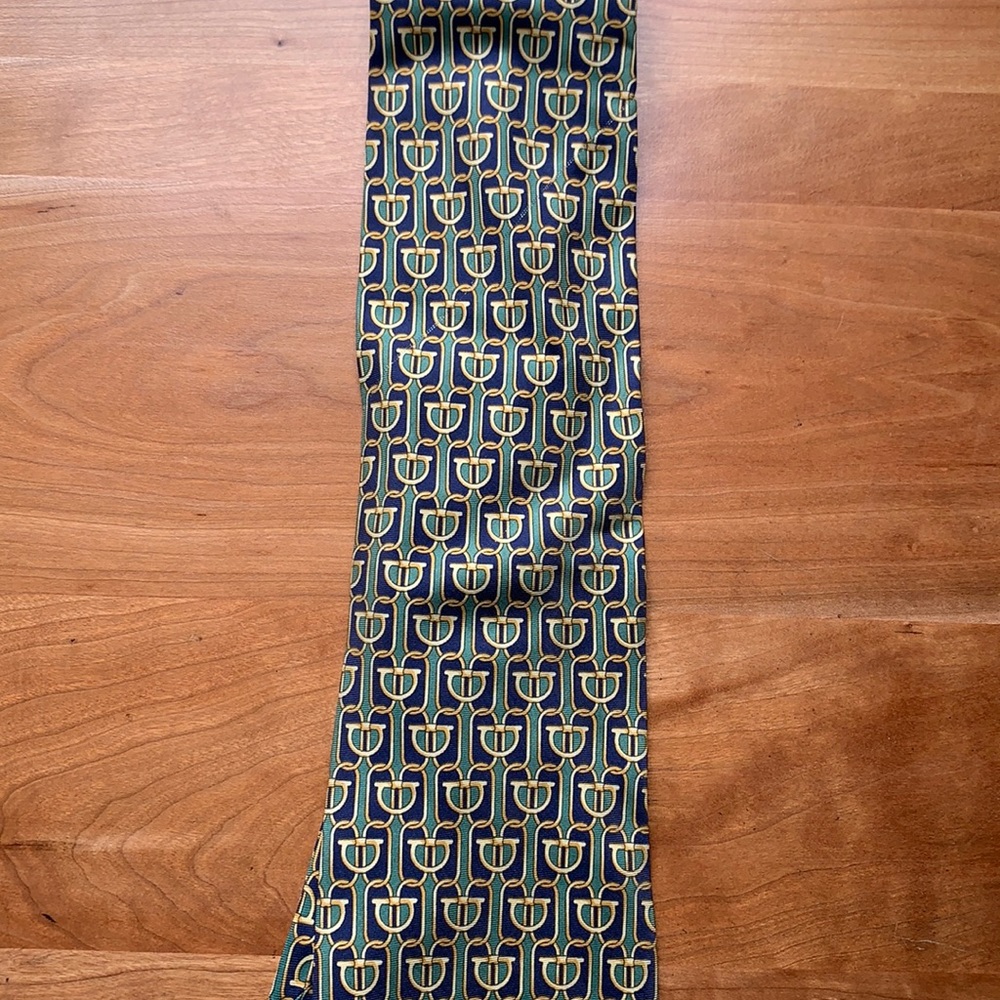 Paolo Gucci silk men’s neck tie green gold link navy blue used